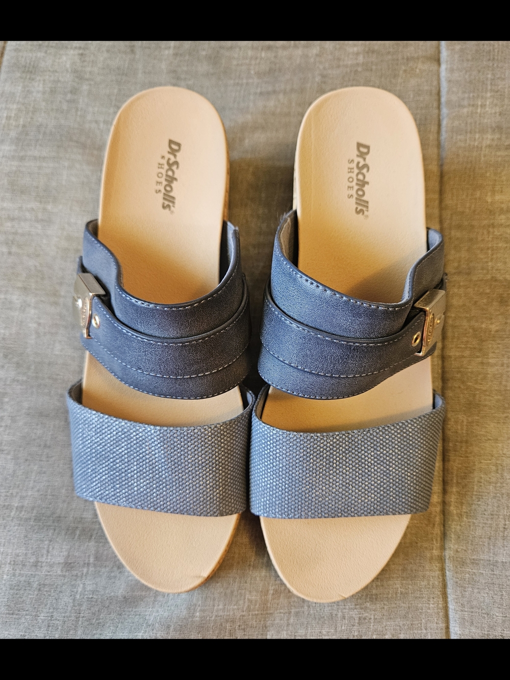 EUC Dr. Scholl's Blue Cork Wedge Slide Sandals with Gold Buckle - Picture 3 of 5